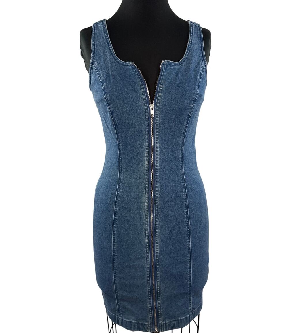 Vintage Y2k 90's RB Rainbow Collection Blue Bodycon Dress Denim Full Zip Sz 6 S